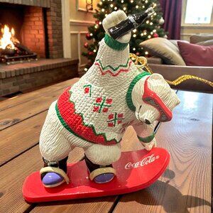 Vintage Coca-Cola Polar Bear Snowboard Ornament, Christmas Coke Bear with Bottle